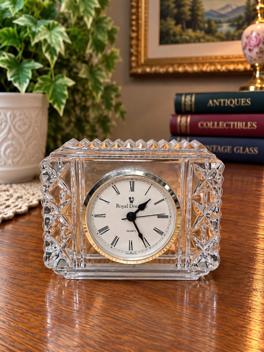 Vintage Royal Doulton Crystal Mantel Clock - Working Quartz **